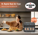 PureMate 9L Dual Air Fryer with Digital Display, Healthy Oil Free 2500W Air Fryer with 8 Preset, LED One Touch Screen, Timer & Adjustable Temperature Control (9L(4.5L+4.5L) Dual Basket)