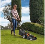 Worx WG779E.2 40V 34cm Cordless Lawnmower, ideal for Gardens up to 230㎡, Cut-to-Edge, striped Lawn Roller, foldable Handle, PowerShare, includes 2x 2.0Ah Batteries, Charger & 30L Grass collection bag