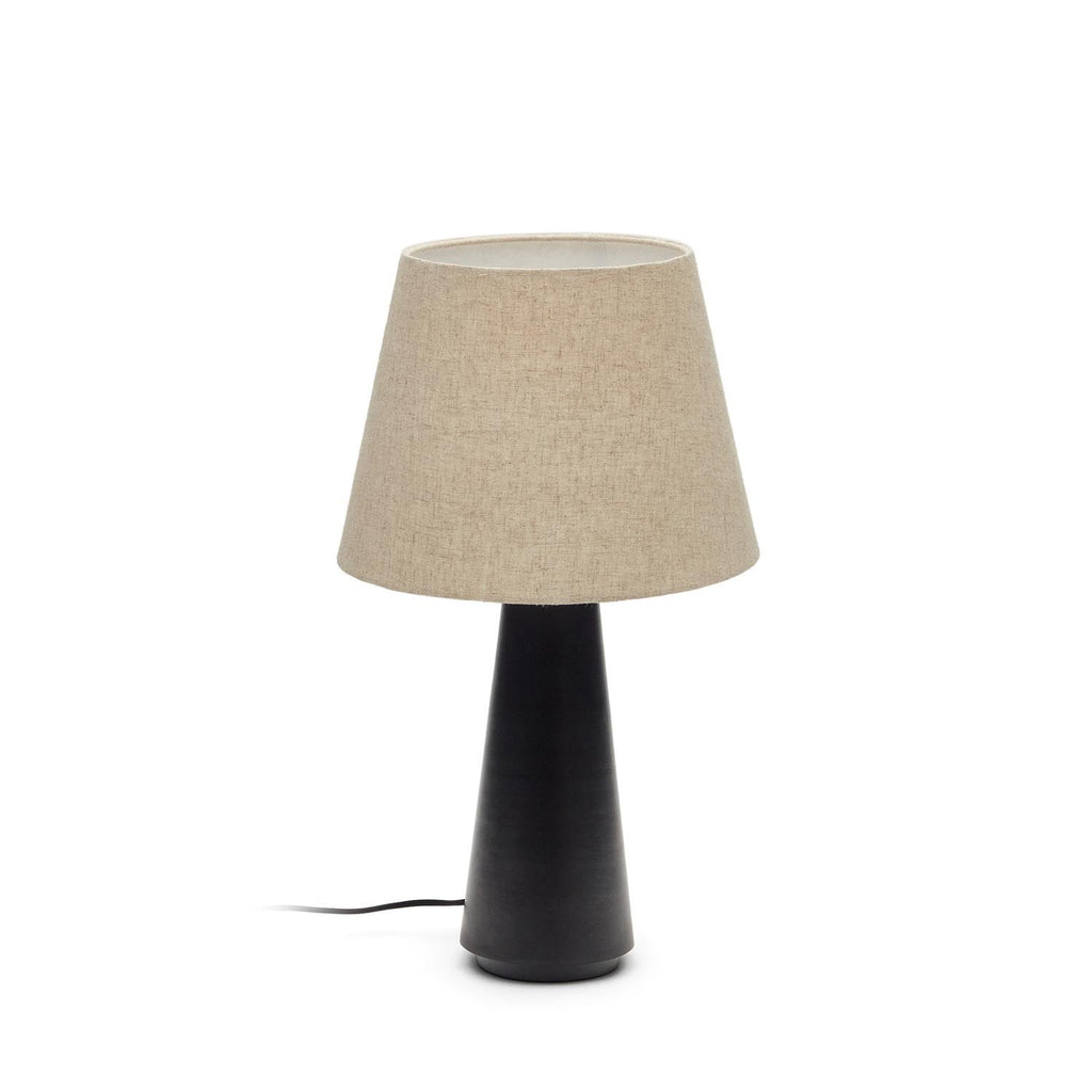 Torrent Tischlampe aus Metall in Schwarz und Lampenschirm aus Leinen