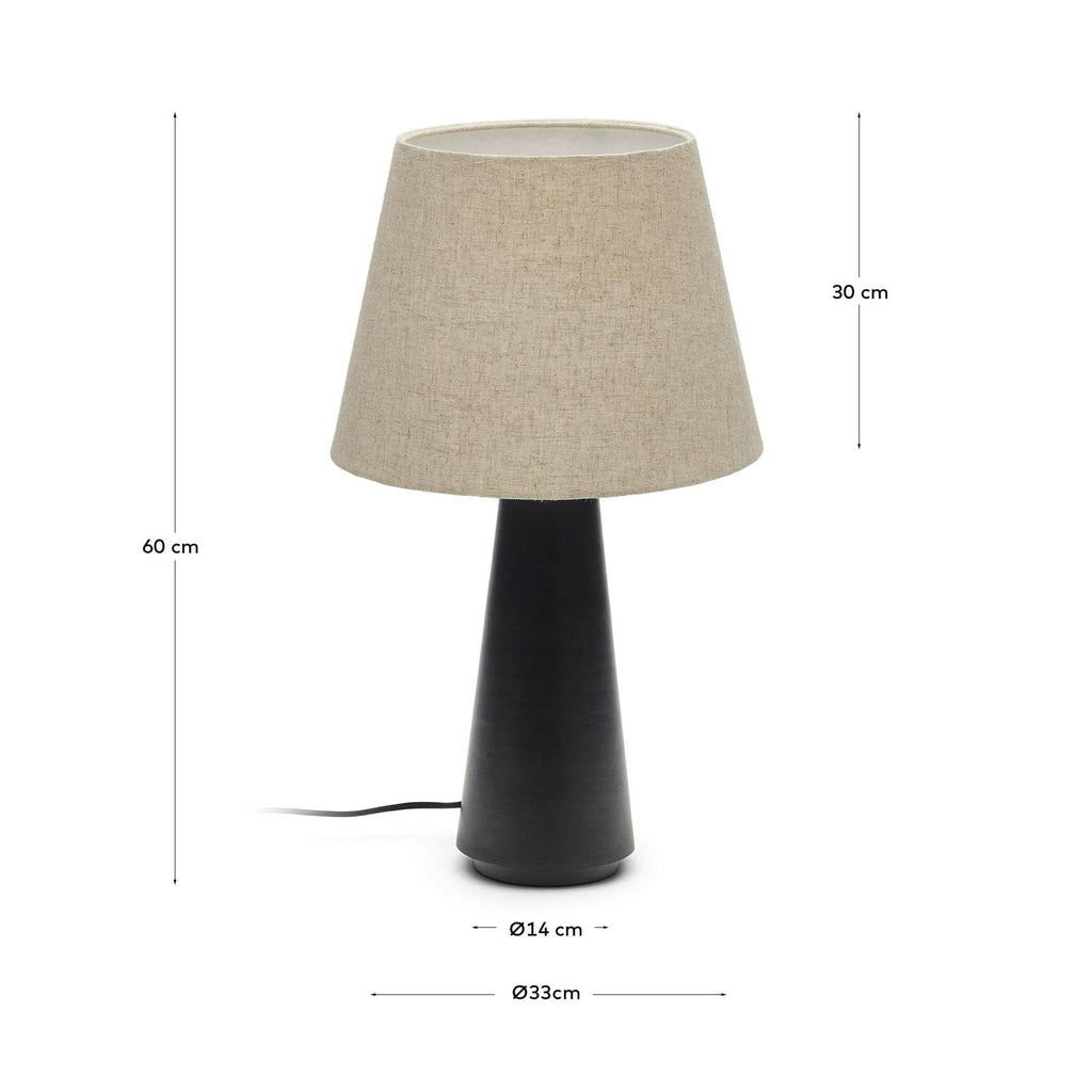 Torrent Tischlampe aus Metall in Schwarz und Lampenschirm aus Leinen