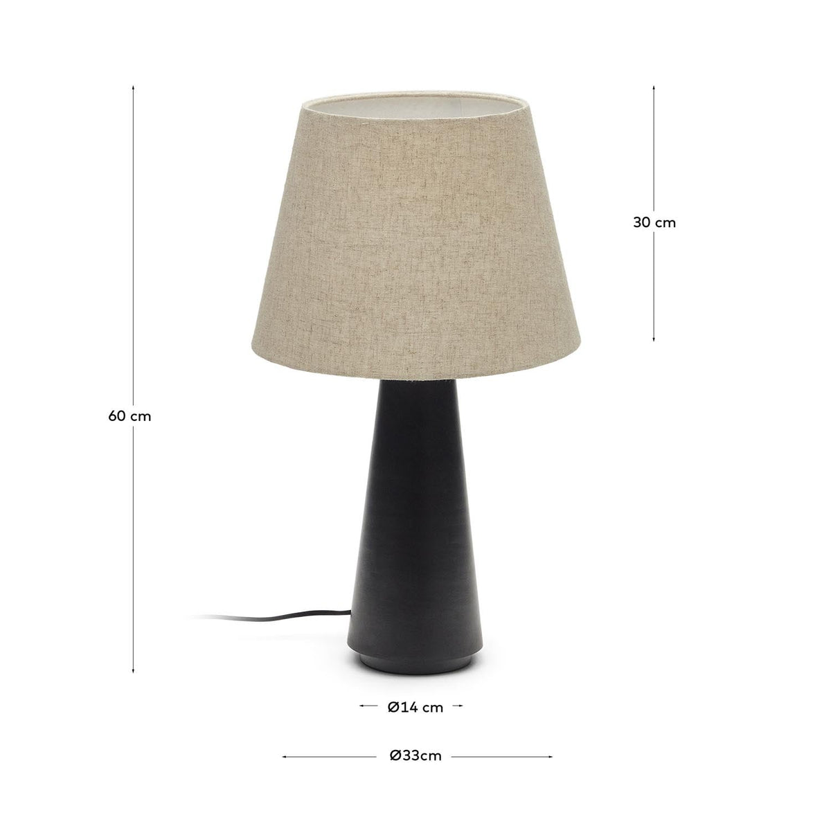 Torrent Tischlampe aus Metall in Schwarz und Lampenschirm aus Leinen