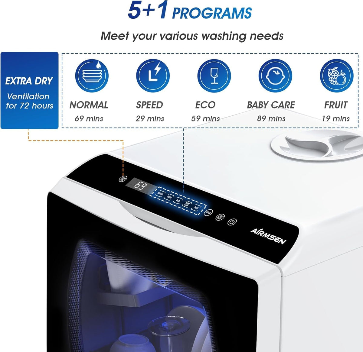 AIRMSEN Mini Table Top Dishwasher – Portable Countertop, 6 Programs, Baby Care Mode, Dual Water Supply